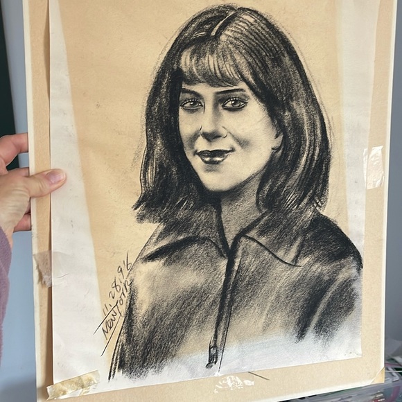 Vintage Original Portrait Charcoal Chalk Drawing, 14x17 - Picture 3 of 5